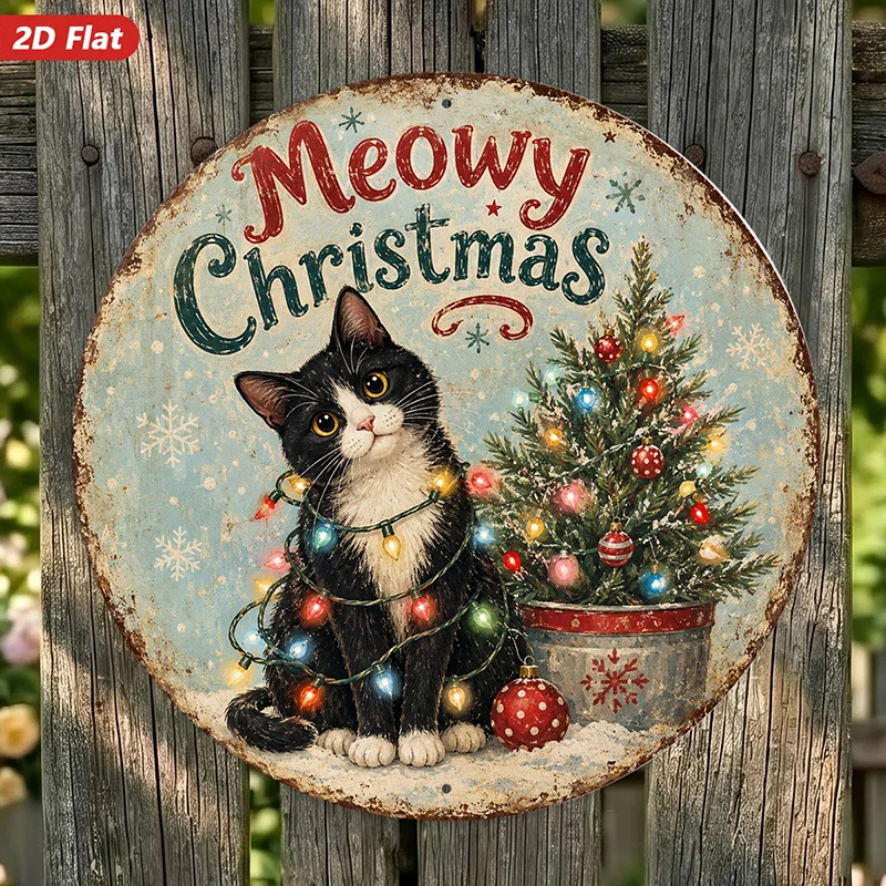 2D Flat, 1pc Meowy Christmas Cat Round Metal Sign Wall Art, Home Decor, Black Tuxedo Cat, Tangled Colorful Christmas Lights, Sui