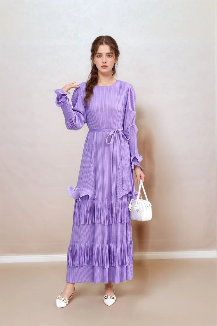Women's Pleated Maxi Dress with Tiered Ruffle Hem Long Sleeve Boho Evening Gown Pleated Dress Birthday Dress for Women