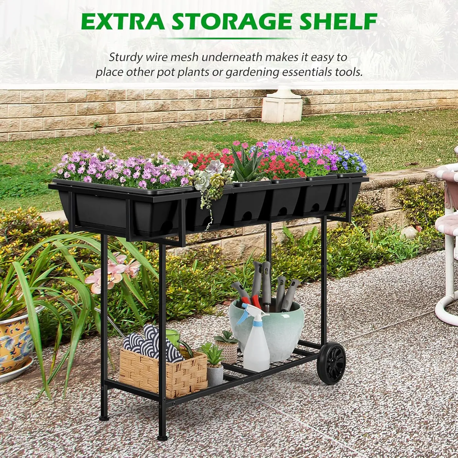 Raised Garden Bed with Legs 43x17x29 in Elevated Planter Box with Storage Shelf and Wheels for Vegetables Herbs Flowers view 6