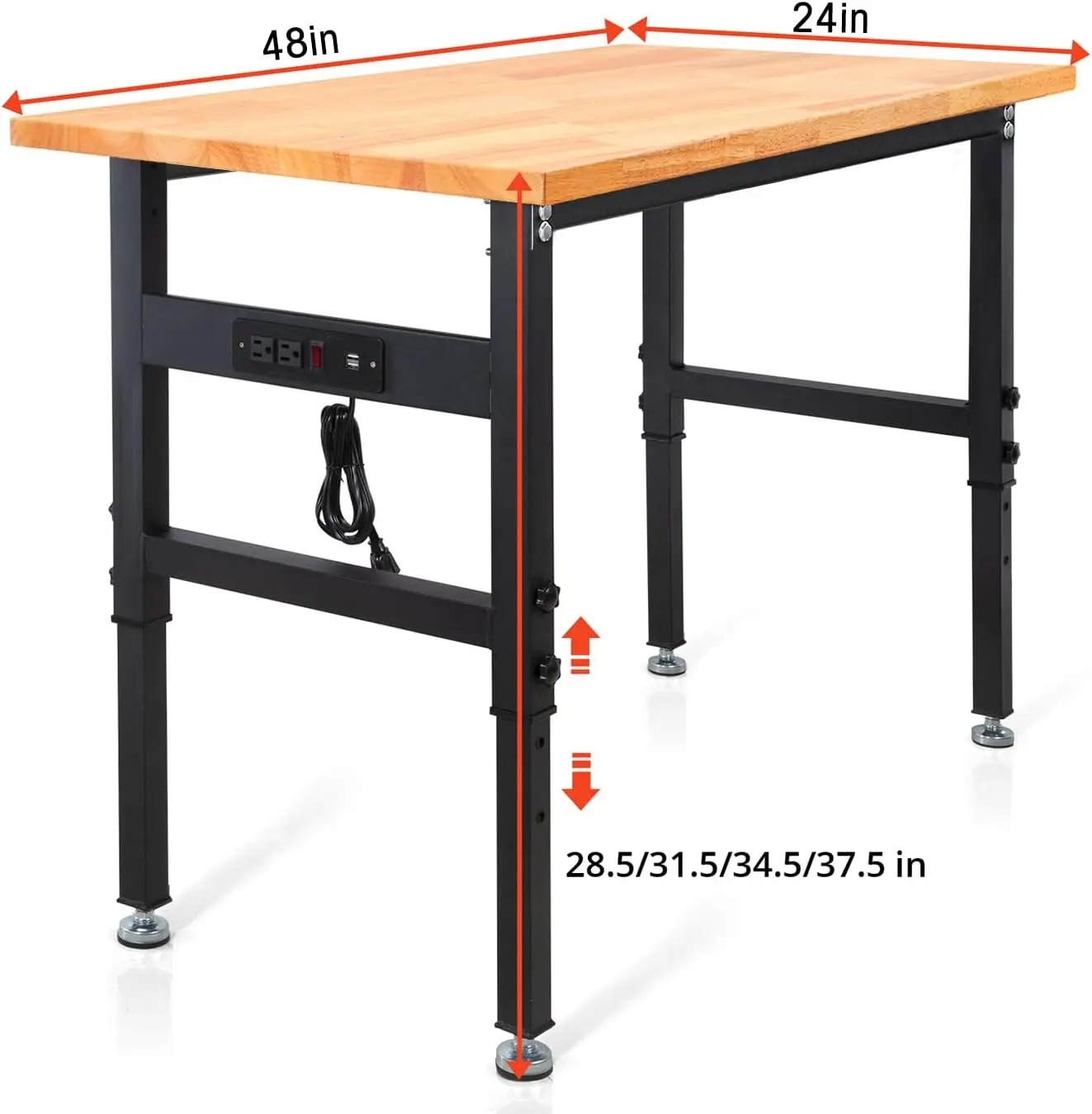 Établi avec capacité de charge de 2000 lb, table de travail en bois dur avec prises de courant pour garage et travail