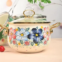 Enamel Soup Pot Large Capacity 5.5L Kitchen Cookware Enamel Stew Pot Double Handle Classical Flowers Thickened Cooking Pan