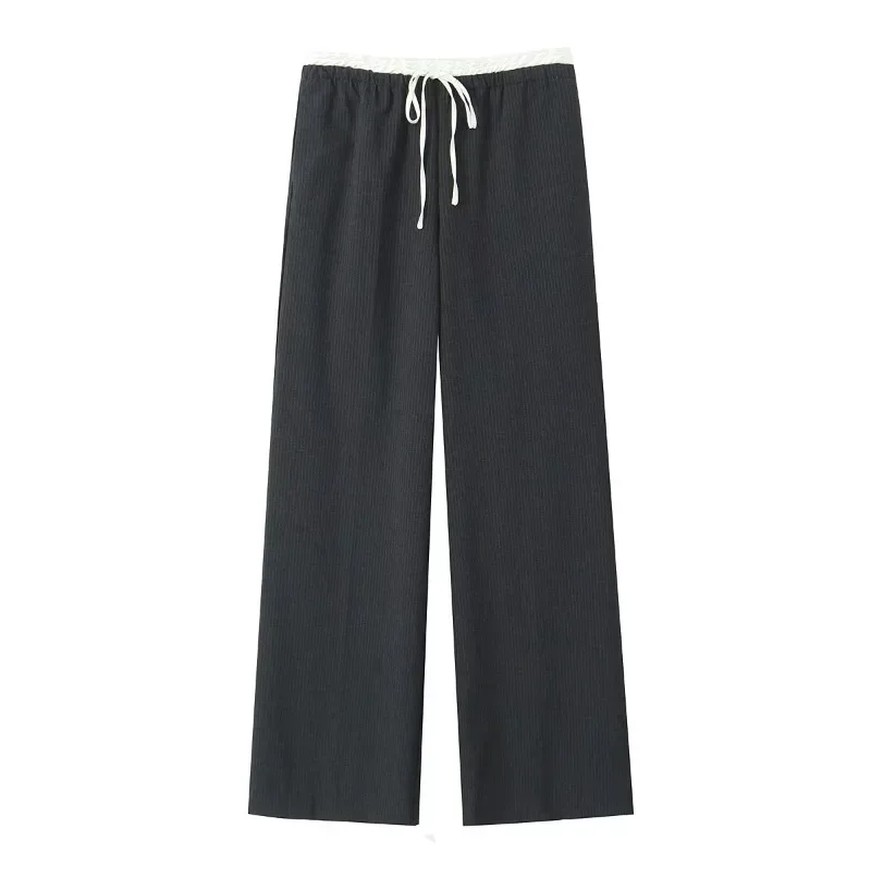 Women Autumn Solid Casual Stripe Pleated Pants Fashion Winter Oversized Loose Straight Lace Up High Waist Long Pants Y2k