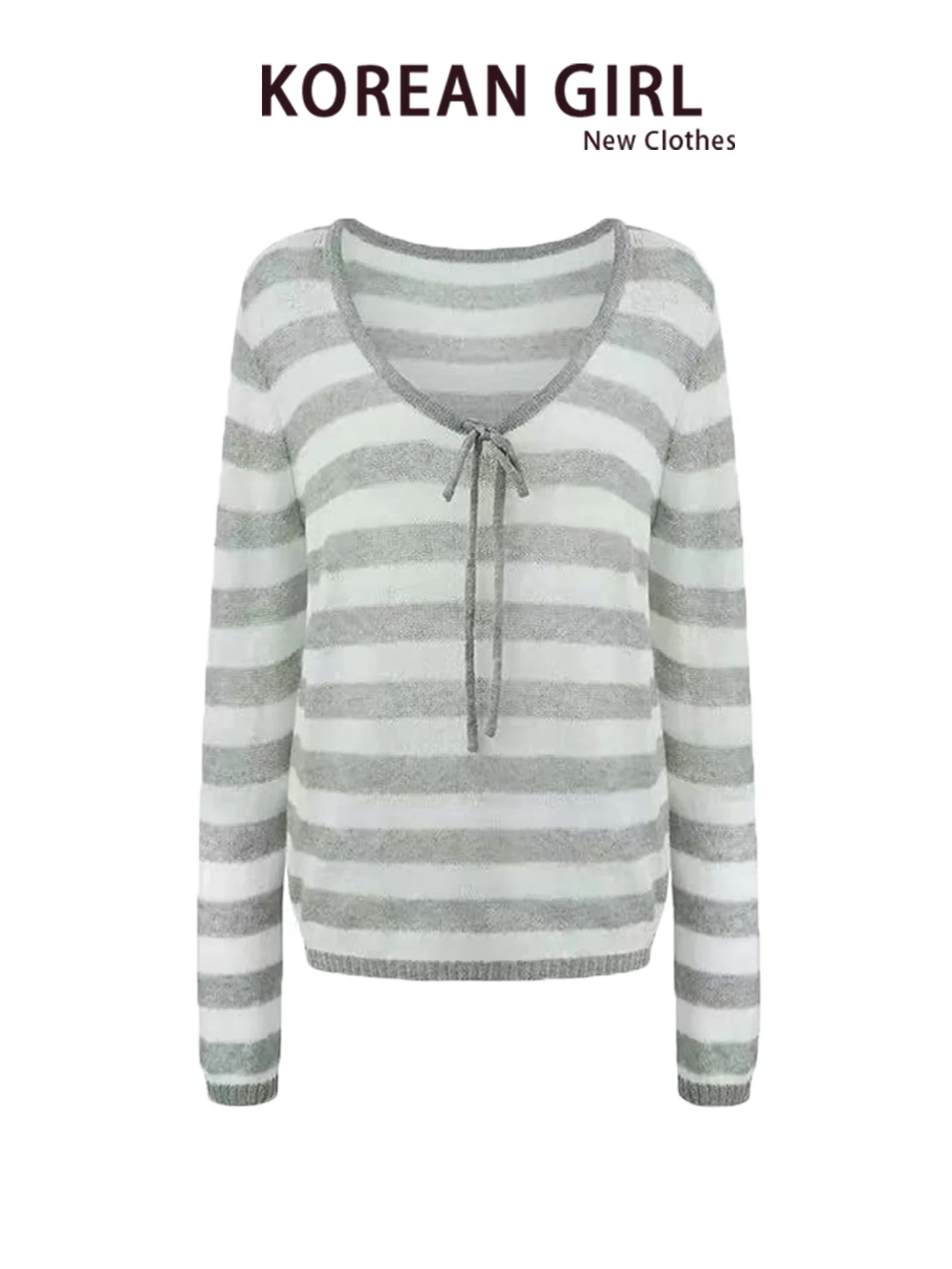 Gray Striped Long Sleeve Knitted Women's Top Shoulder Baring Drawstring Loose Fit Autumn Winter Fashion Korean Style Sweater