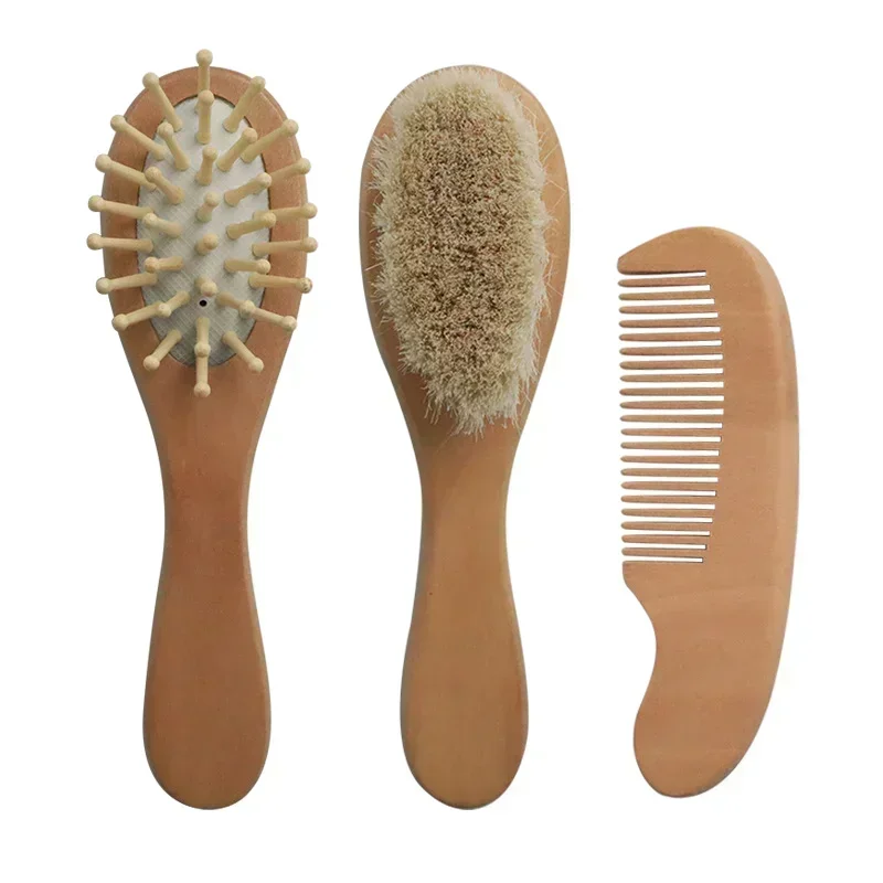 Cepillo de pelo de lana suave de madera Natural para bebés, masajeador de cabeza infantil, cepillo de baño portátil, peine para niños y niñas