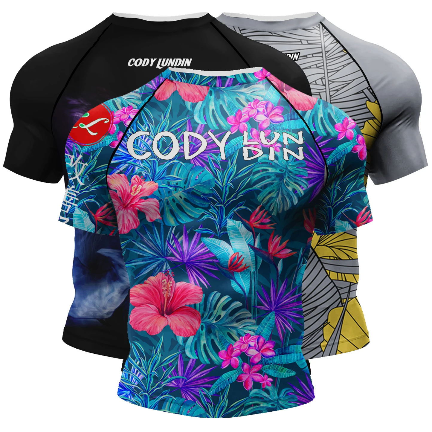 Cody Lundin 2023 New Swimming Compression T-shirts UPF 50+ Surfing Rashguard Flower Printed Tight Male Beachwear Custom Gym Tops