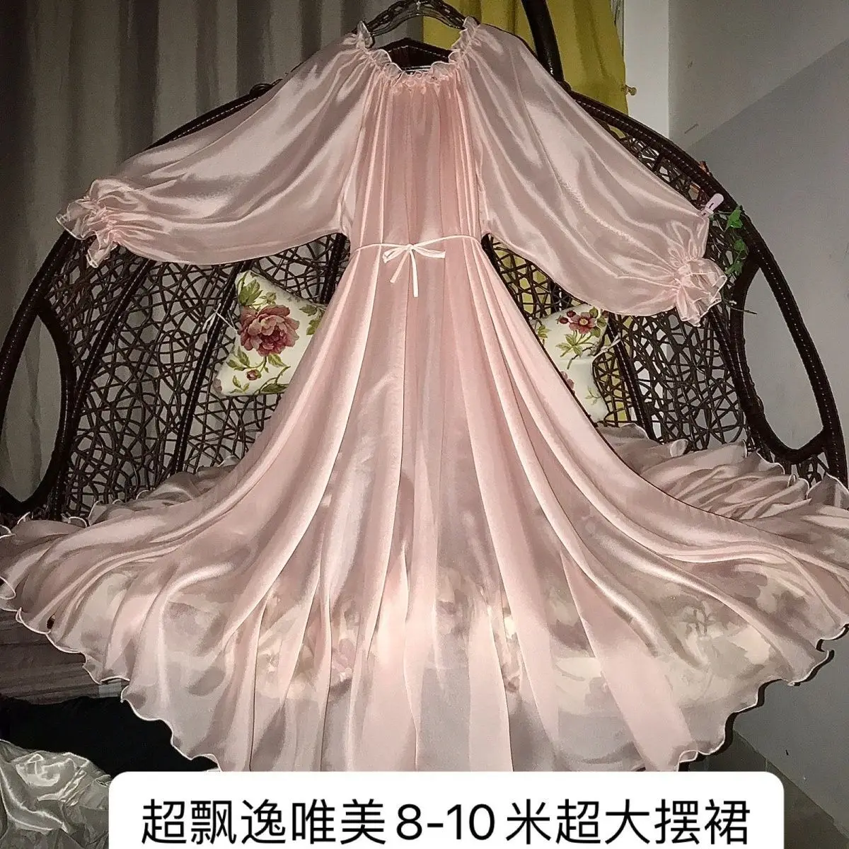 

Glossy Women Ruffles Satin Long Sleeve Dress Loose Maxi Dress Plus Size Sleeping Pajamas Robe