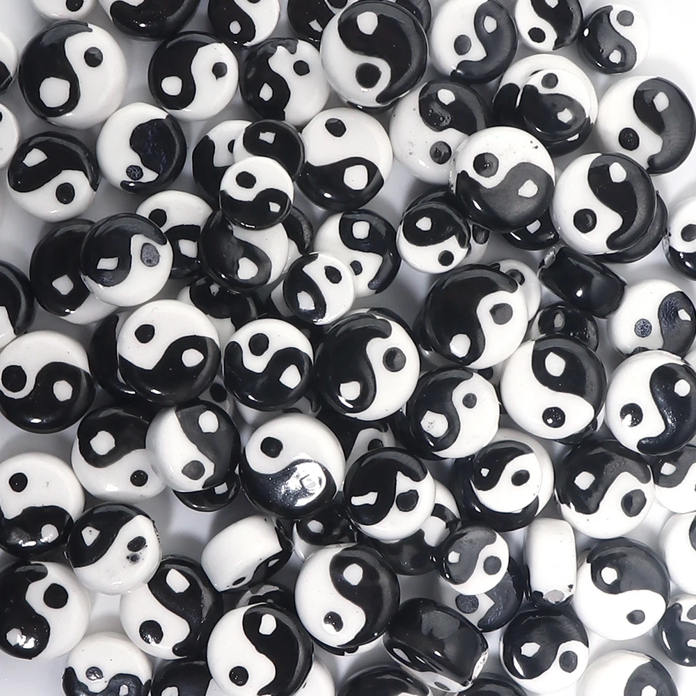 10pcs Ceramic Tai Chi Pattern Beads Flat Round Loose Spacers Beads Health Preservation DIY Jewelry Bracelet Pendant Accessories