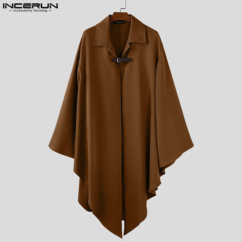 

INCERUN мужской плащ однотонный с лацканами на одной пуговице свободный плащ накидка мужская уличная одежда 2025 модные повседневные длинные стильные пальто мужские пончо