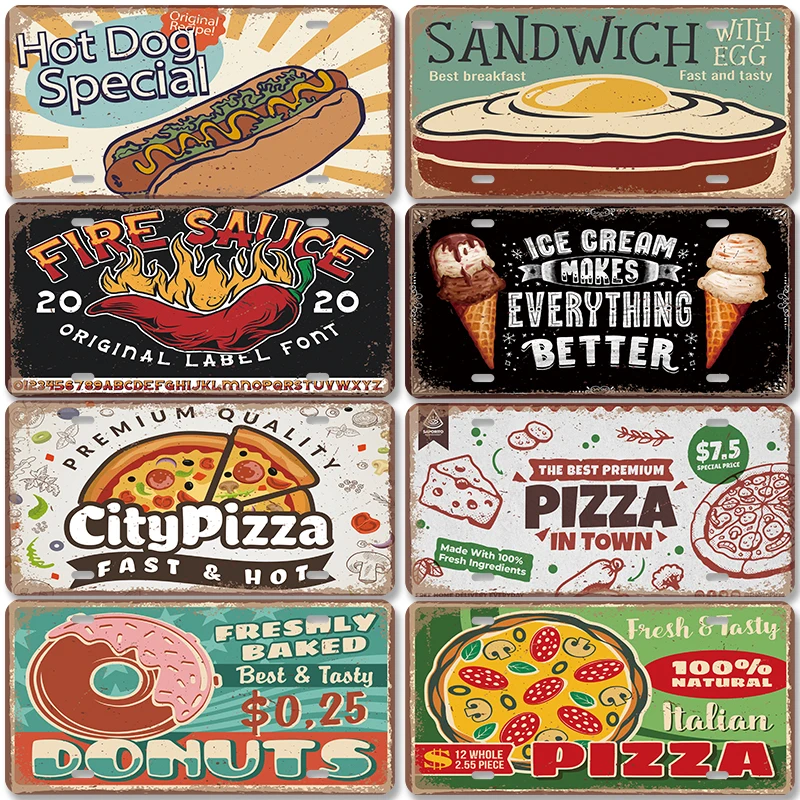 

Delicious Foods License Plate Vintage Metal Tin Sign Hot Roll Sandwich Pizza Donuts Metal Poster Cafe Restaurant Home Wall Decor
