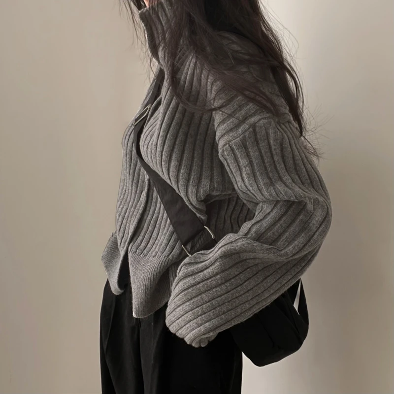 Deeptown Turtleneck Vintage Gray Cardigan Korean Style Knitted Sweater Women Japanese Harajuku Fashion Button Knitwear Autumn