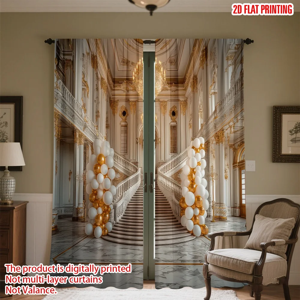 

2D flat printing 2pcs Curtains Ballroom Staircase Digital Printed Polyester Drapes Family Party Use for living room decor for