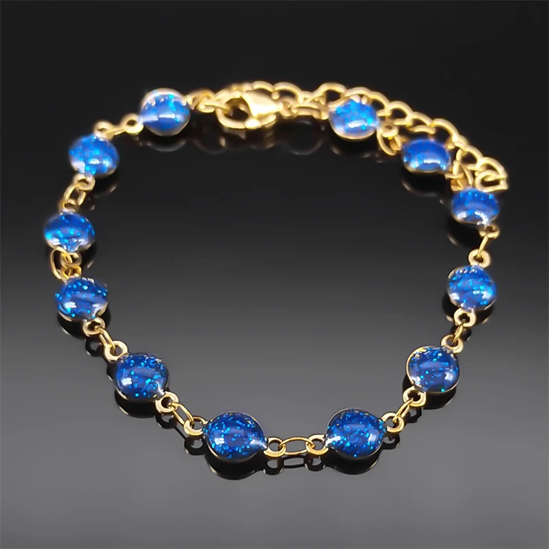 Korean Elegant Bracelets for Women Blue Crystal Stainless Steel Gold Color Chain Fashion Jewelry Accessories Party Gifts BXS04