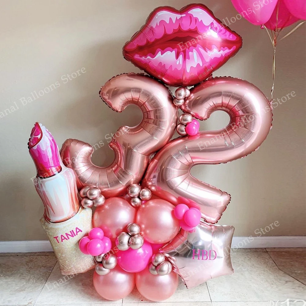 25pcs Pink Princess Large Lipstick 32inch Number Balloon Rose Gold Red Girl Birthday Party Bridal Wedding Valentine's Day Decora