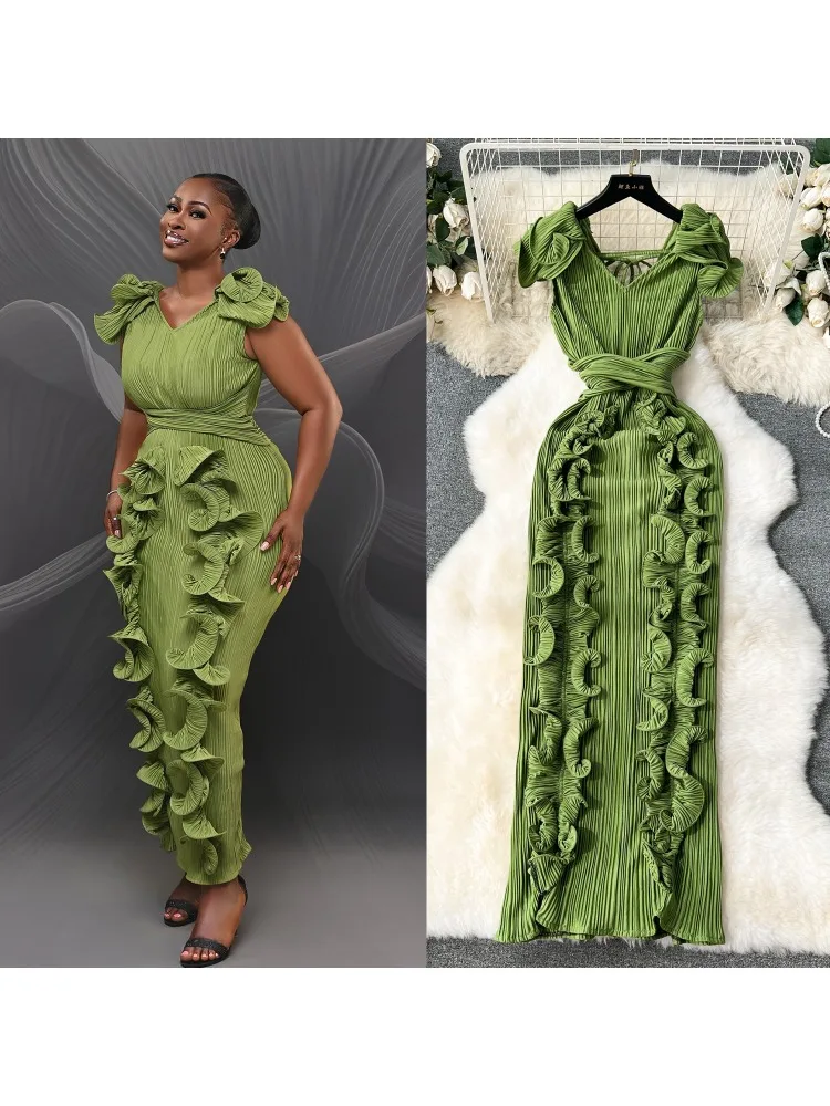 

Banquet Evening Dress Retro High-end Light Luxury Pleated Three-dimensional Ruffle Edge Tight Long Dress for Women