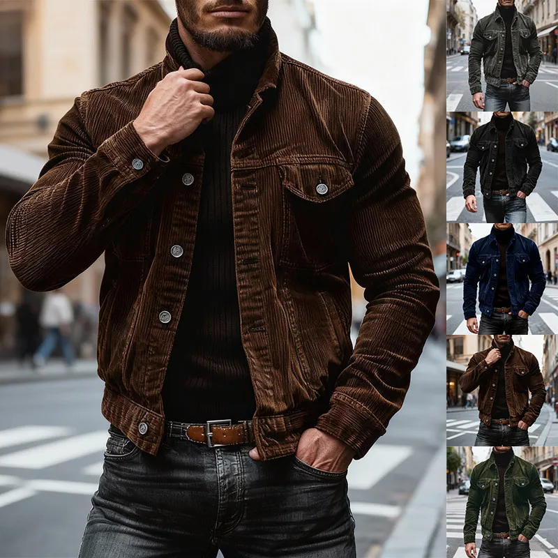 

Осень-зима 202, мужская вельветовая полосатая куртка с отложным воротником в стиле ретро, повседневная рабочая одежда, модная модная куртка в нескольких цветах