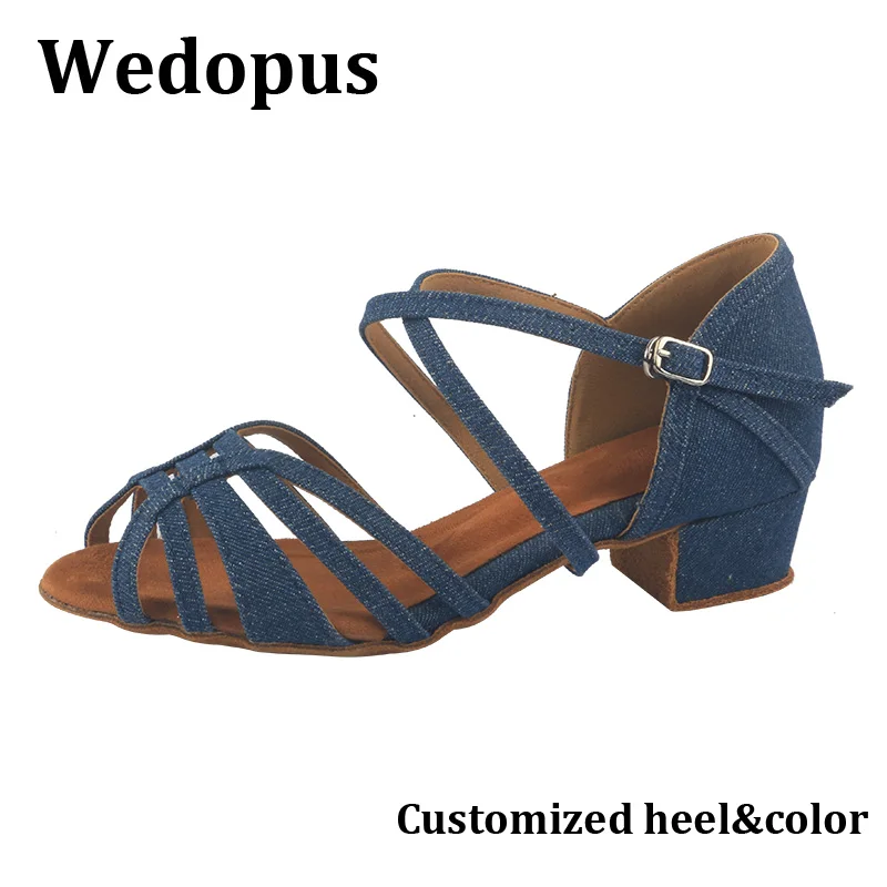 Wedopus ブルーデニムダンスシューズローヒールスエードソール社交サルサシューズダンスサンダル女性用カスタマイズヒール