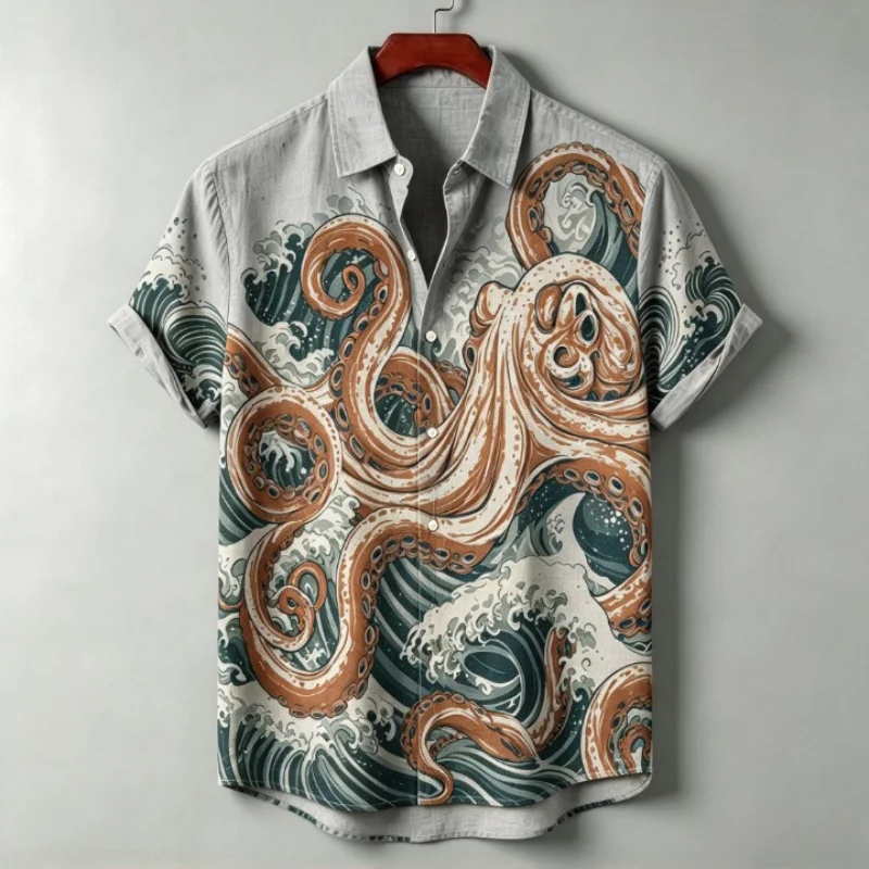 Men's Tops Japanese Ukiyo-e Style Giant Octopus Print Casual Button-down Shirt Fashion Short Sleeve Lapel Collar Tunics