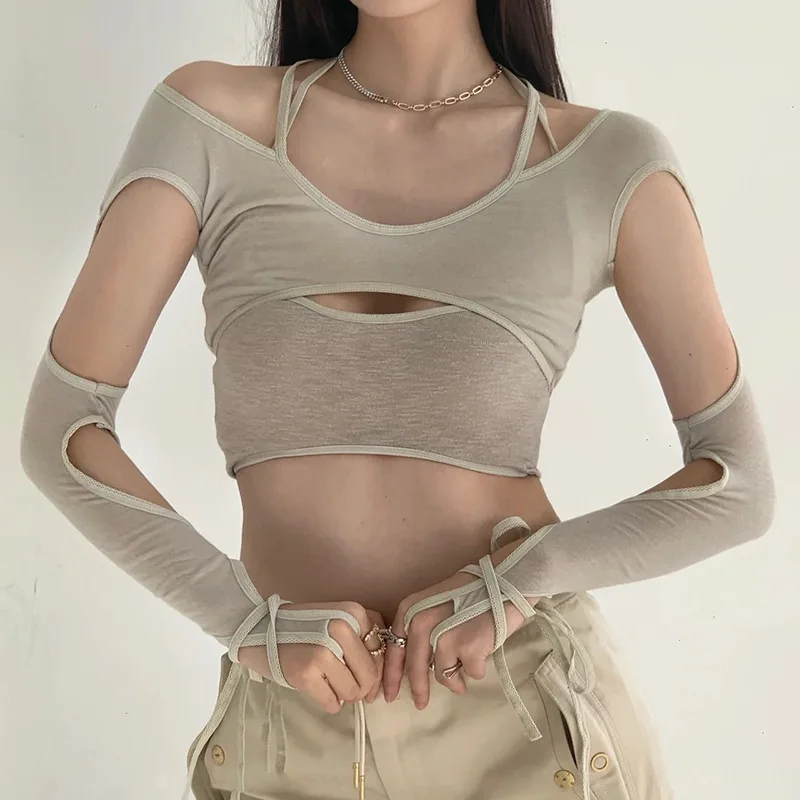 Y2K Damen Fake Two-Piece Top Spicy Girl Strukturiertes Split-Top mit Aussparungen, schmal geschnitten, Street Hip Hop, Sweet Cool Pure Desire Top