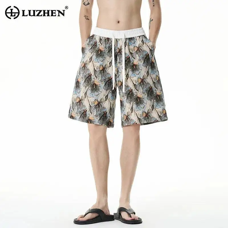 

LUZHEN 2026 Summer New Splicing Elastic Waist Drawstring Printed Five-pointed Pants Men Fashion Handsome Straight Shorts JY6926