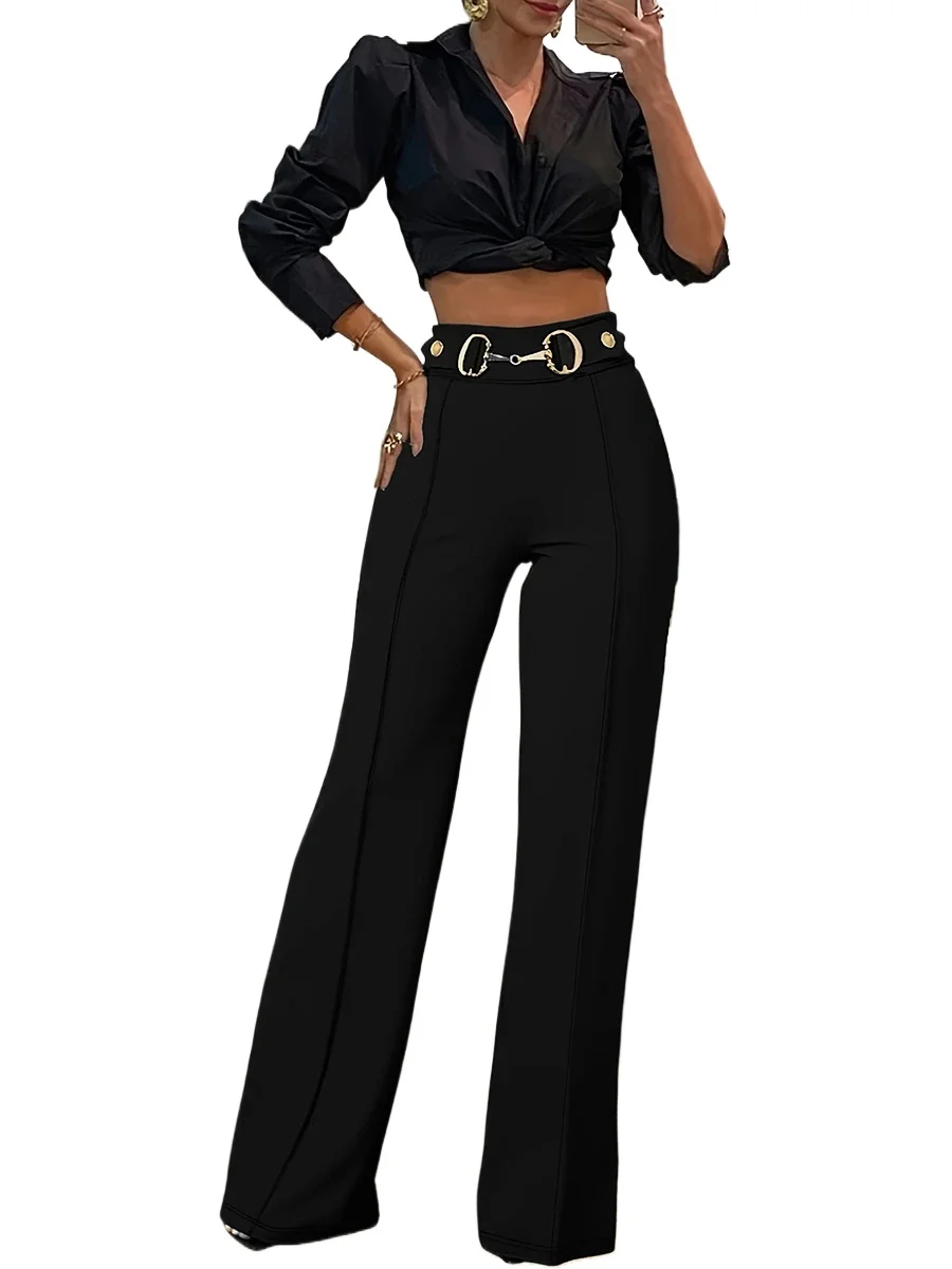 Elegant Elegant Black Wide Leg Trousers for Women High Waisted Formal Office Pants with Gold Buckle Straight Zipper Fly - Aliexpress Deal