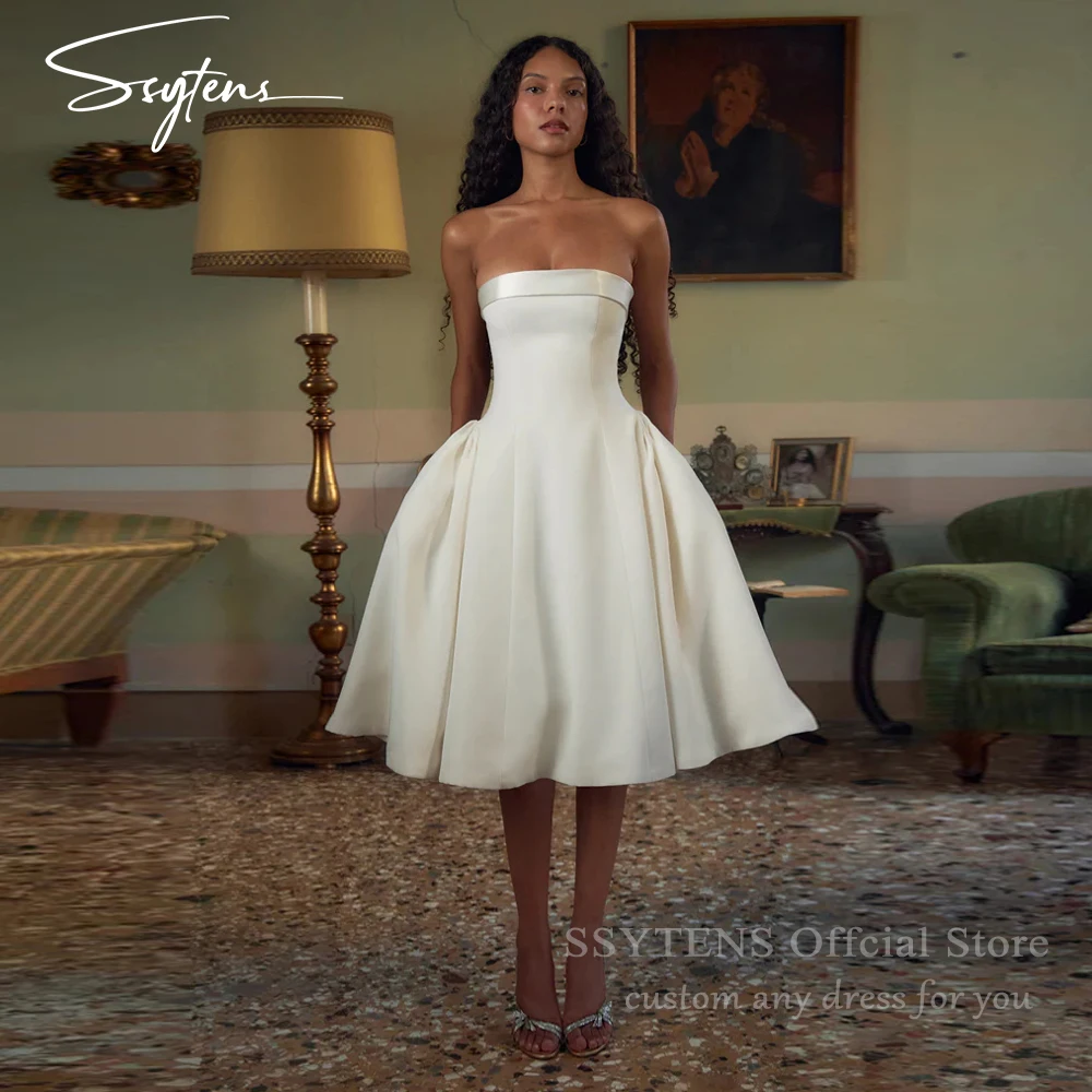 

SSYTENS Customized Satin Midi Wedding Dresses Sleeveless A-Line Tea-Length Simple Bridal Gown свадебное платье