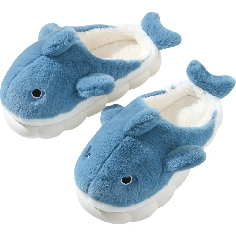 Cute Whale Cotton Slippers for Women Winter Couple Indoor Home Furnishings Home Furnishings for Winter Cartoon Hairy Slippers