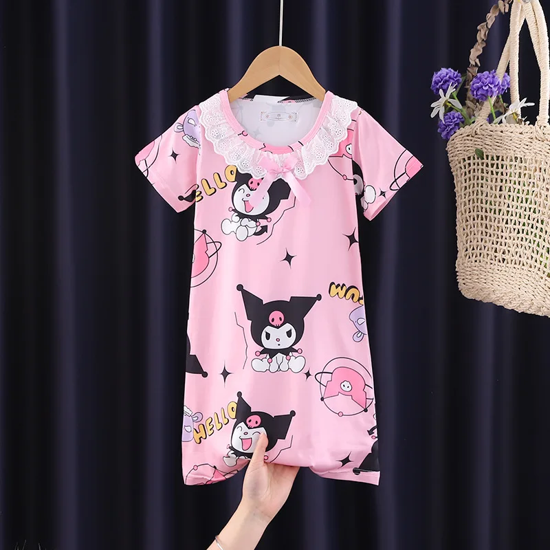 Anime Sanrios Kuromi Cinnamoroll Melody Kids Pajamas Nightdress Kawaii Summer Princess Short Sleeve Lace Cartoon Girls Homewear