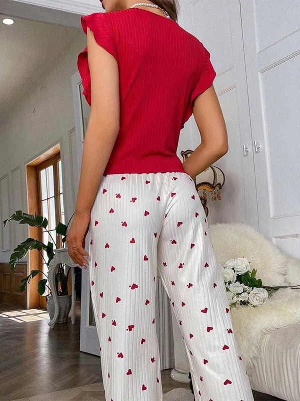 2024 New Women Fashion Round Neck Short Sleeve Slim T-shirt+high Waisted Heart-shaped Printed Casual Pant Two Piece Set INXG