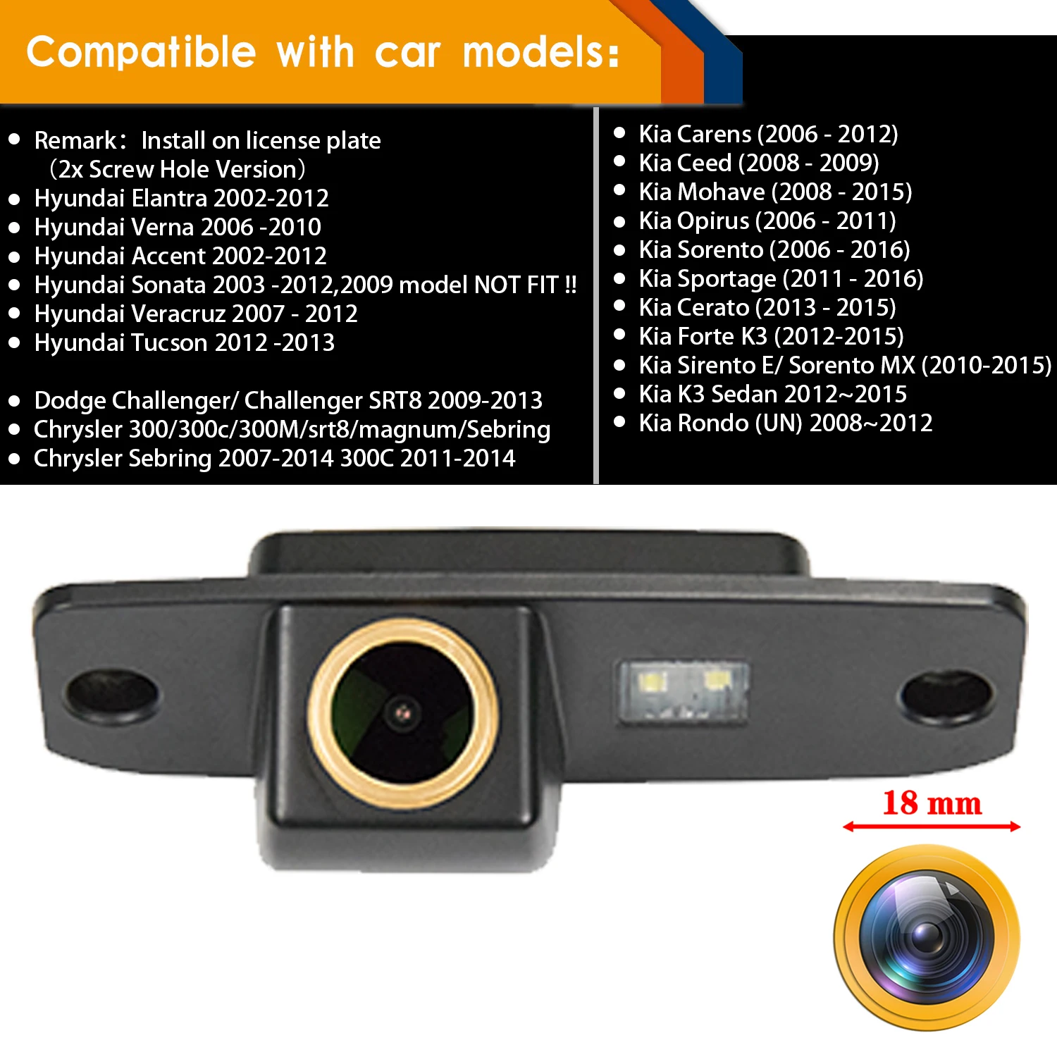 For Hyundai MISTRA Verna Elantra/Sonata/Accentt/Tucson/Terracan/Kia Carens/Opirus/Sorento, HD 720P Rear View Night Vision Camera