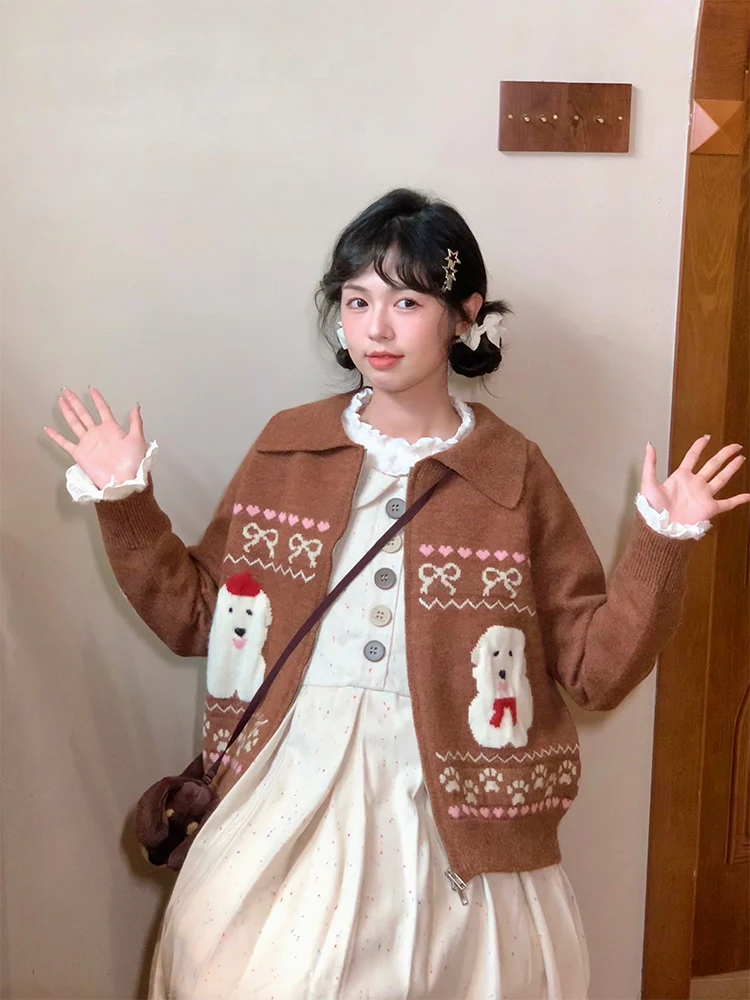 

Loose Knitted Cardigan ort Coat Autumn Winter New Sle Long Sve Turn-down Collar Dog Pattern Sweater Casual Sle Women...