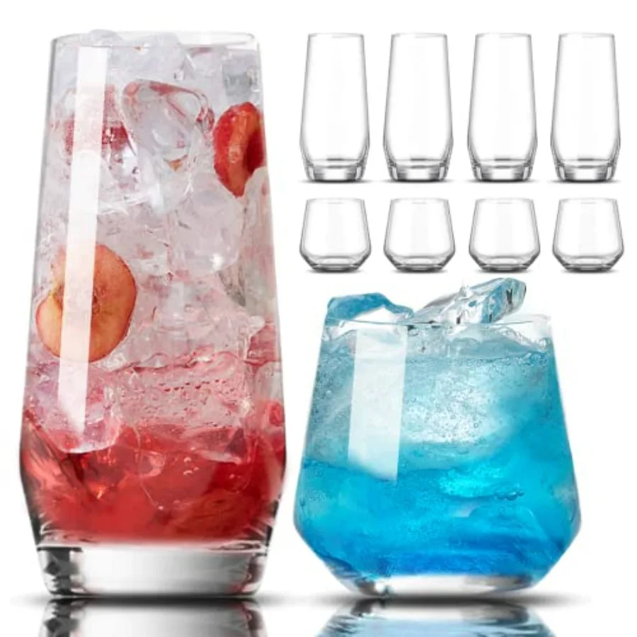 

Drinking Glasses Set of 8-4 Tall Glass Cups 18 oz and 4 Short Stemless Wine Glasses 13 oz, Highball Glasses, Glassware Sets for