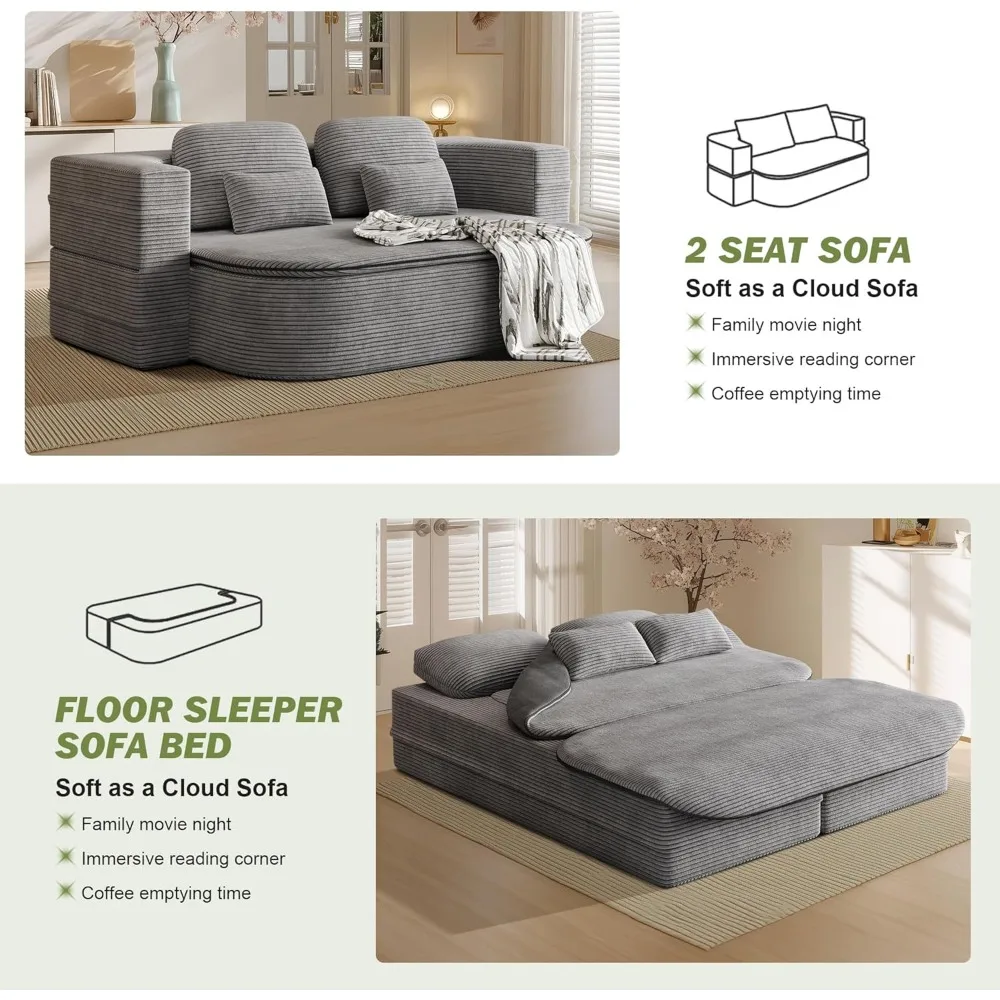 75'' Convertible Folding Sofa Bed, Memory Foam Couch, Corduroy Couch Love Seat Sleeper Bed, 2-In-1 Foldable Curved Sleeper Sofa