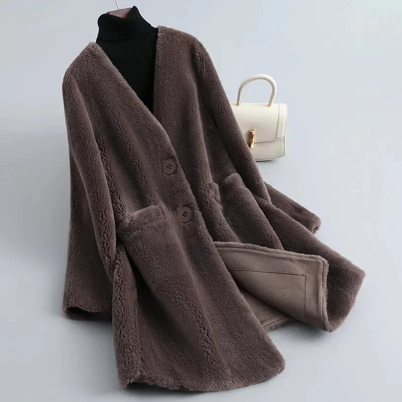 2024 Autumn/Winter Loose Haining Fur Medium Long Lamb Fur Integrated V-neck Particle Sheep Cut Fleece Coat for Women Commuting B