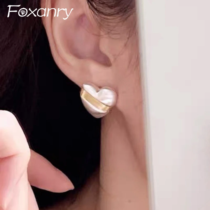 Foxanry Korean Style Brushed Love Heart Earrings For Women Delicate Elegant Trendy Geometric Birthday Party Jewelry Gifts Серьги