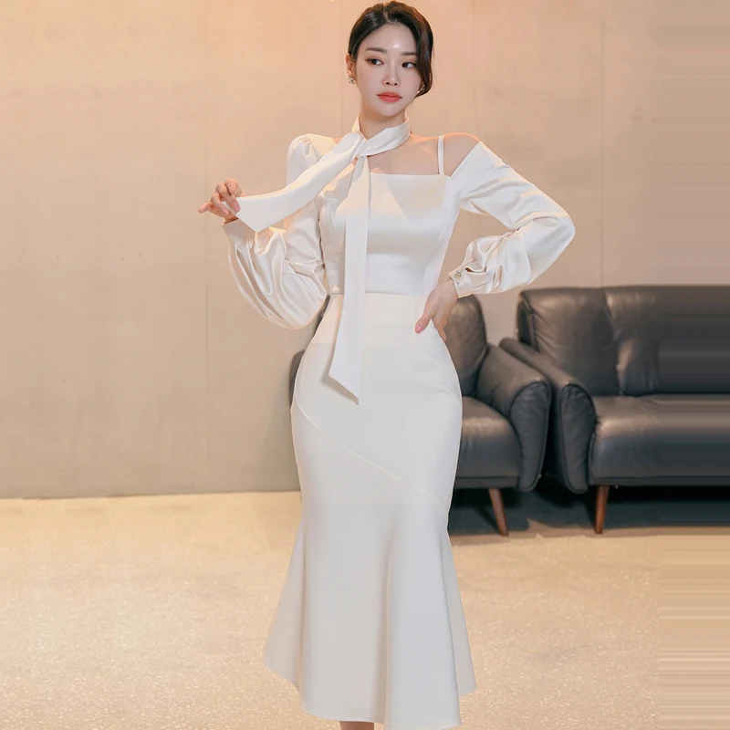 Fall New Two-Piece Suit 2024 Korean-Style Slim-Fit Long Sleeve Small Top Tight Waist Sheath Fishtail Skirt Suit Dress