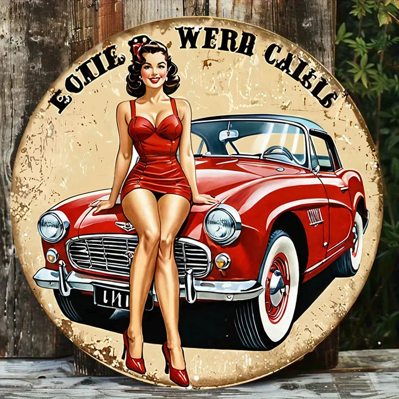 2D 1pc Car Girl Rundes Aluminiumschild, Retro Metallblechschild - Rotes Auto Rustikale Metallwandkunst, Vintage Metall Wandkunst Dekor, Wanddekoration
