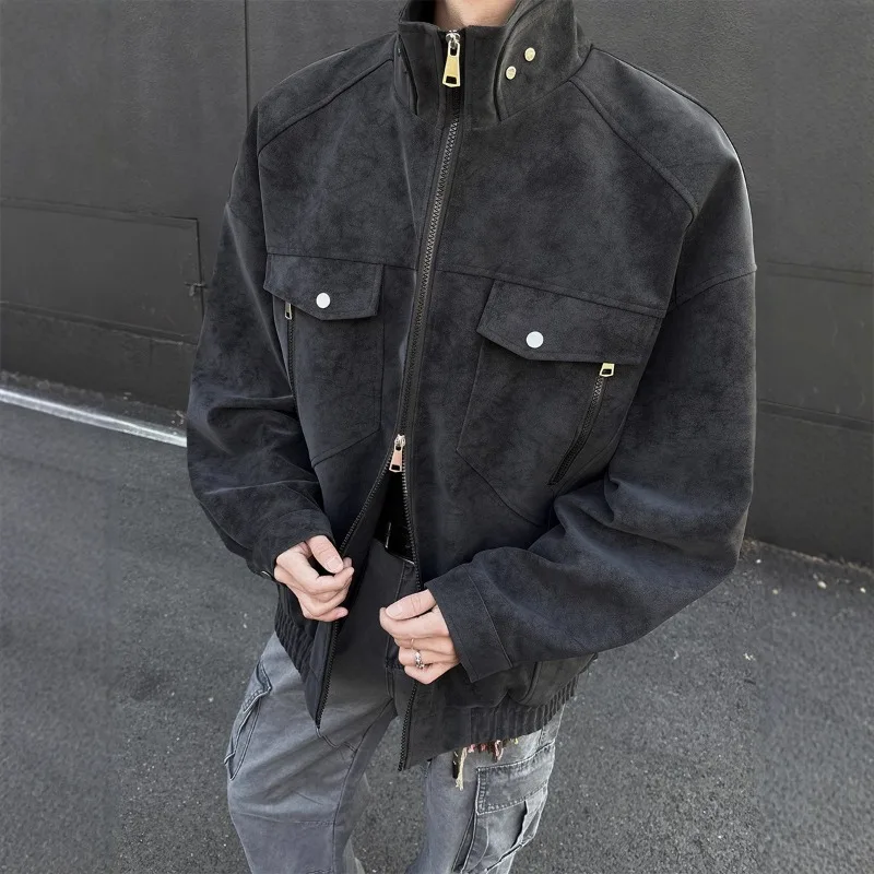 Jaqueta de couro pu masculina outono e inverno gola alta americana retrô roupa de trabalho jaqueta de couro masculina roupas masculinas