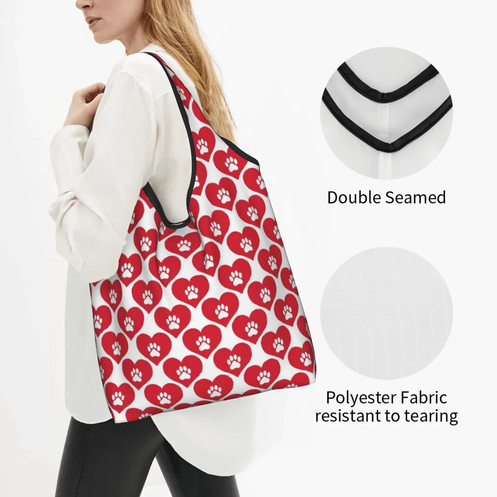 Dog paw Footprint Seamless Pattern Heart Grocery Shopping Bags Fashion Shopper Tote Shoulder Bags  Cute Animal Dog Lover Handbag