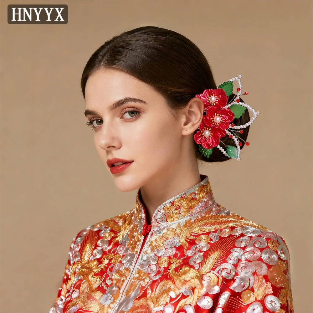

HNYYX Chinese Wedding Bridal Hair Comb Red Flowers Pearl Hairpin for Women Bride Side Comb Fashion Jewelry Hair Accessories A396