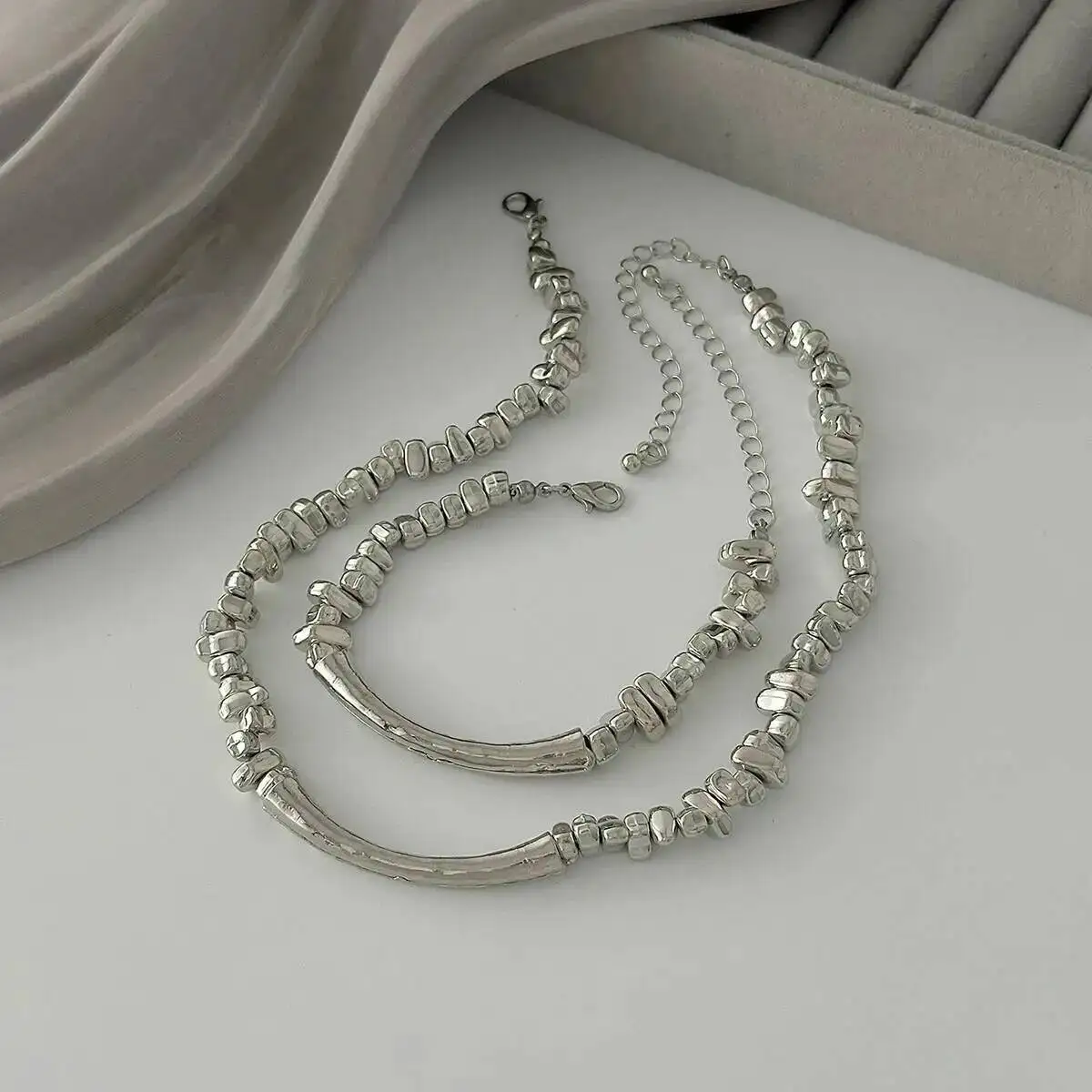 المرأة العصرية الحد الأدنى CCB حبة غير النظامية المختنق قلادة وسوار مجموعة مع خط معدني سلسلة الترقوة مجوهرات الأزياء #4