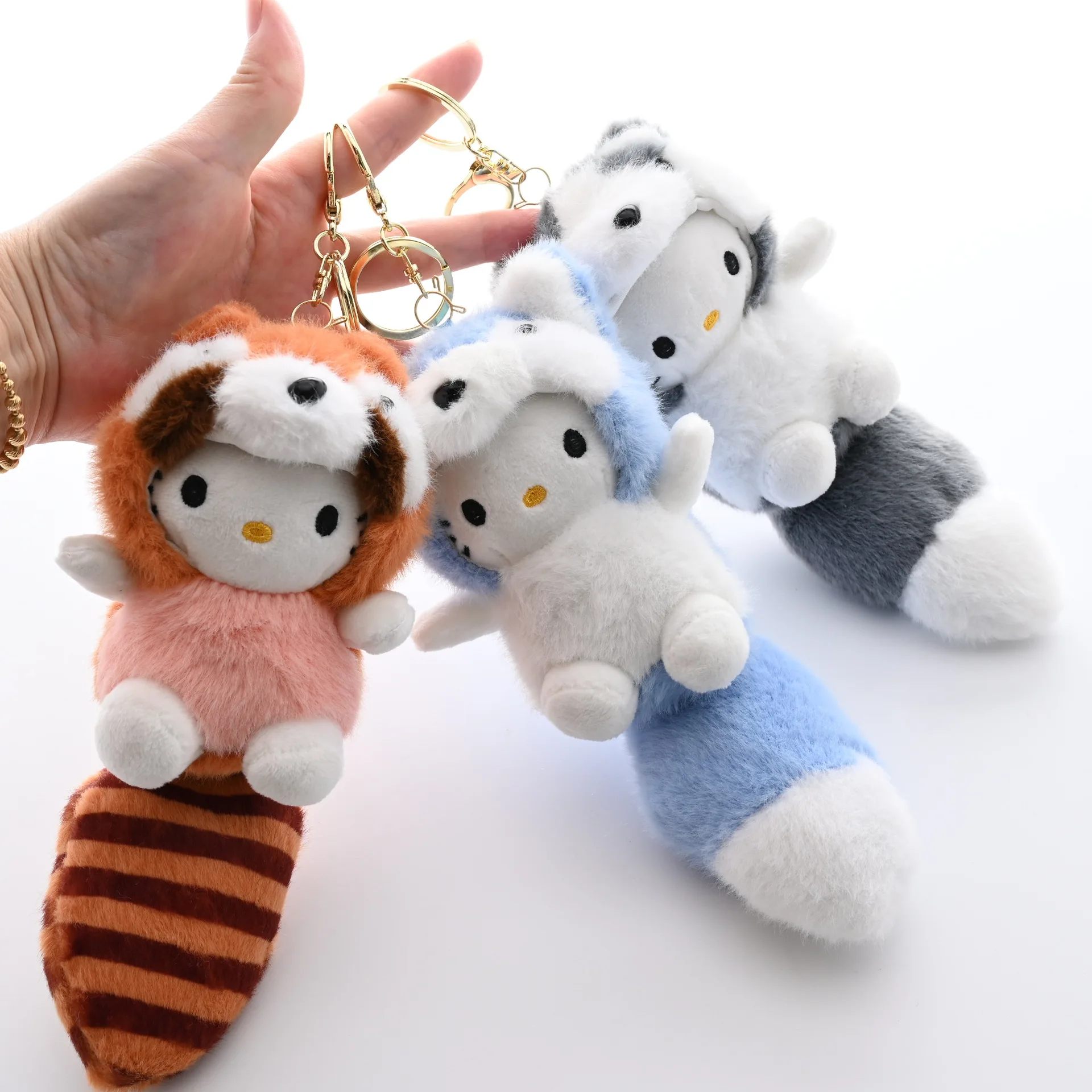 

Hello Kitty Sanrio Plush Toys Keychain Anime Small Raccoon Cute Stuffed Toy Pendant Keyring Girls Plushie Doll Keychains