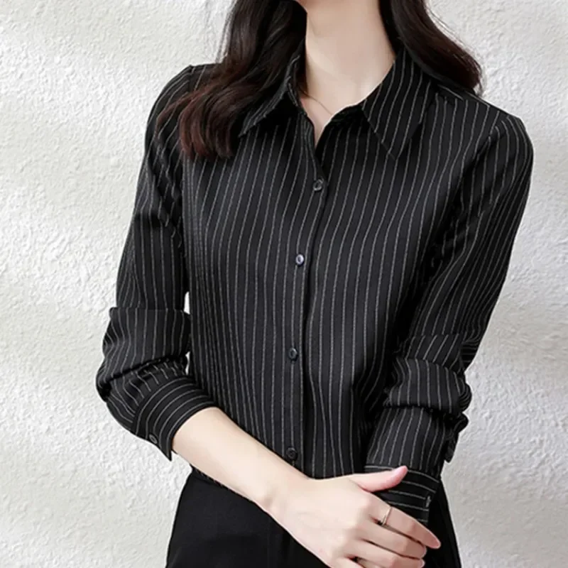 Striped Women Shirt Korean Fashion Female Clothing Long Sleeve Blouse Button Up Shirts Womens Tops OL Chiffon Blouses for Women