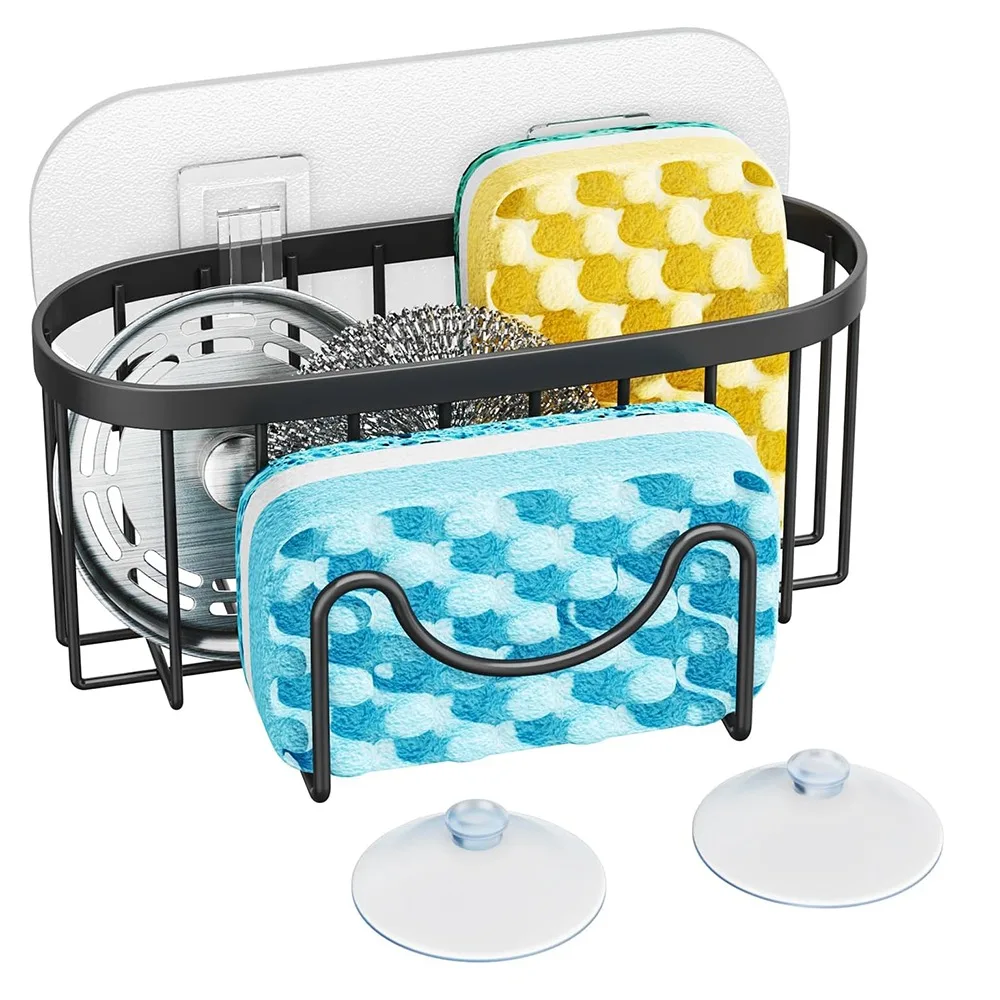 

Suction Cups Sponge Drainer Rack Hollowed with Hook Stainless Steel Sponge Holder Space-Saving Waterproof Kitchen Sink Organizer