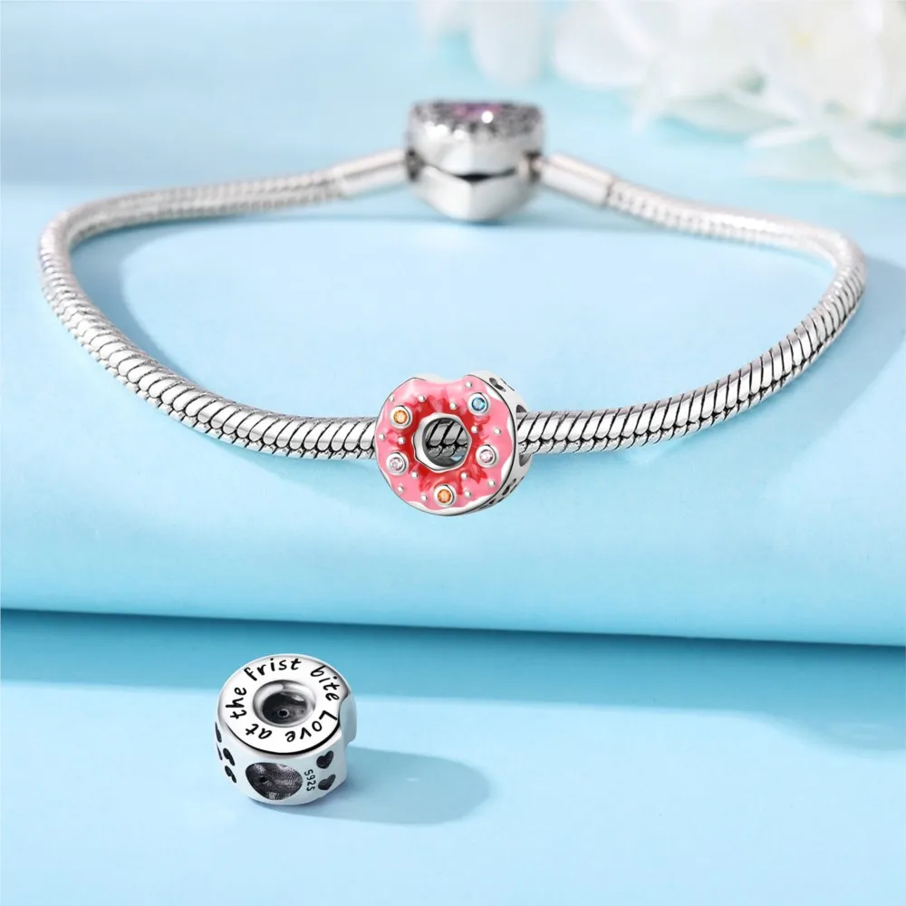 925 Sterling Silver Pink Donut Bead Bracelet Charms Fit Bracelet&Bangle For Women Birthday Fine Jewelry Party Gift DIY Accessory