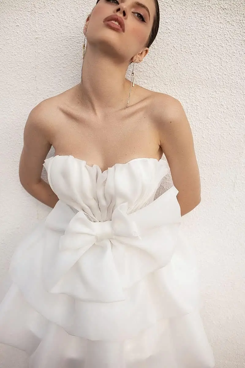 Sexy Bow Pleat Short Wedding Dress Ruffles Strapless Homecoming Little White Dresses Simples Knee-Length Vestidos De Novia