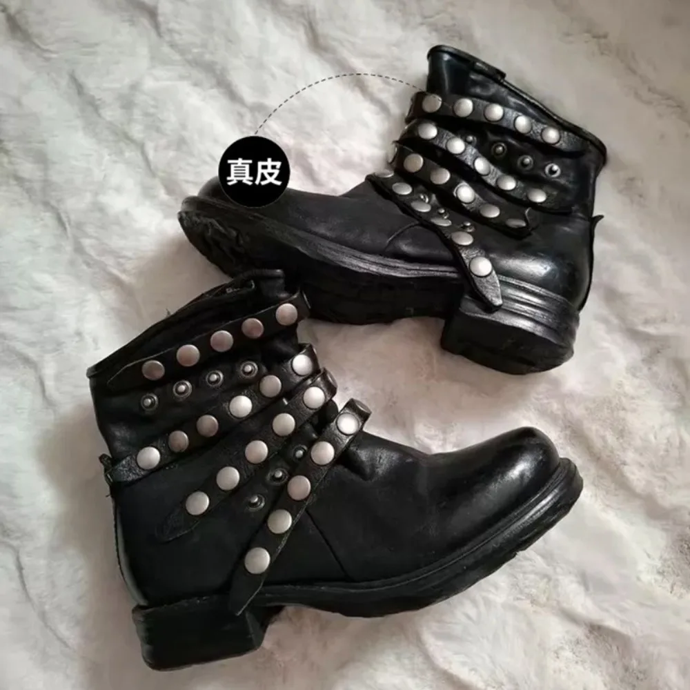Fashion Genuine Leather Motorcycle Boots Goth Punk Rivet Metal Decoration Round Toe Zip For Streetwear Multi-tied Ankle Boots