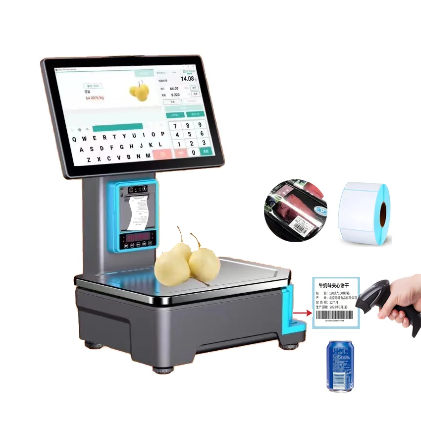 AI barcode label POS cash register scale, high-precision weighing, Android 11, Bluetooth and Wi-Fi
