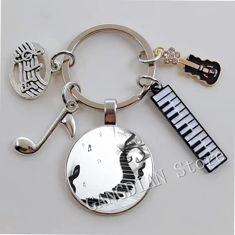 New piano note pendant glass convex round Keychain piano keyboard glass shrapnel DIY Keychain gift pendant