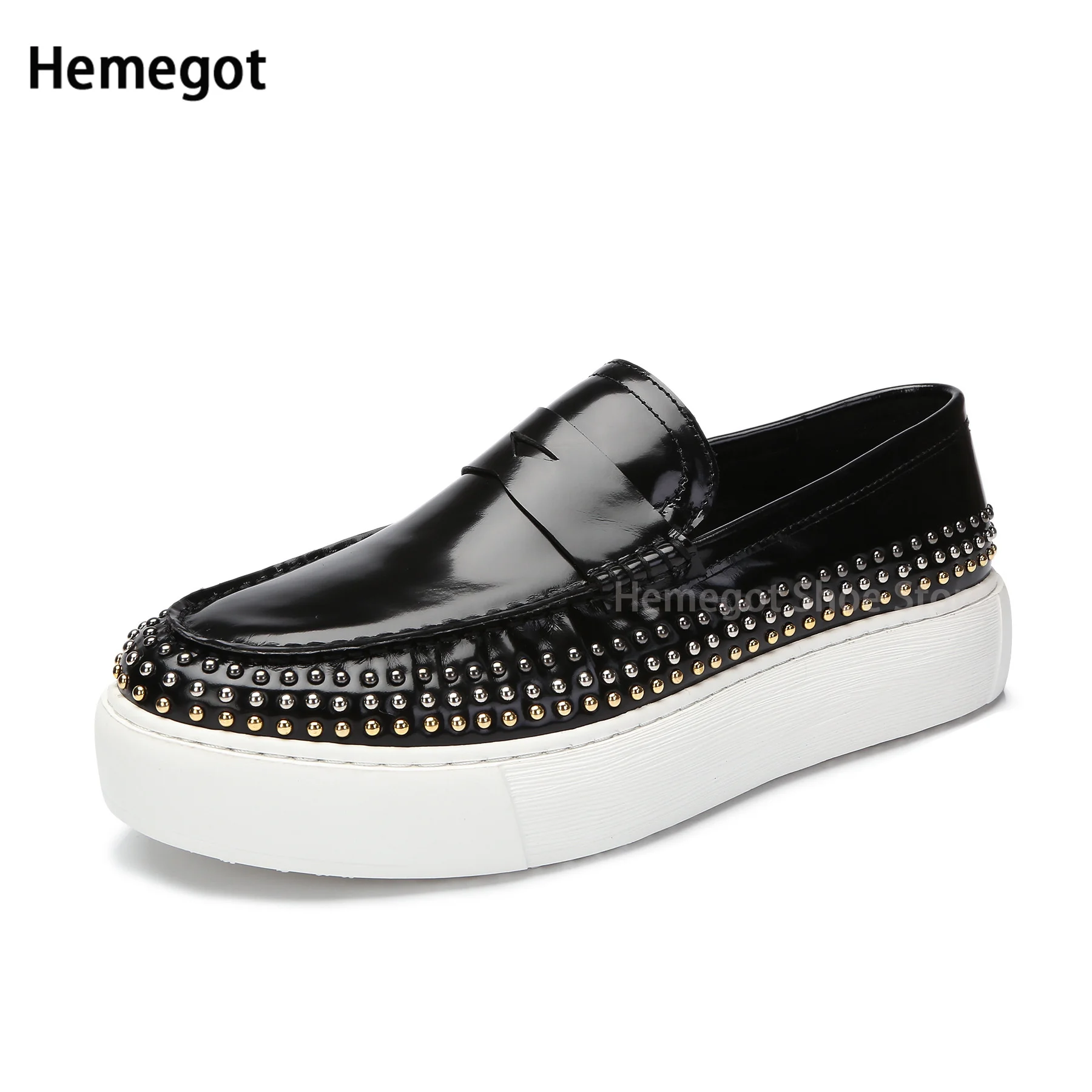 White Soled Riveted Loafers for Men Cowhide Black Casual Shoes Platform Shoes Slip-On Men\'s Shoes Comfortable Breathable Shoes