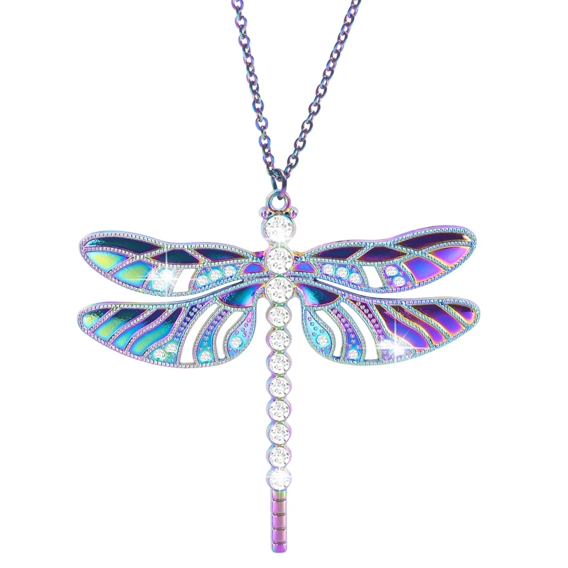 Fashion Large Dragonfly Wings Rhinestone Rainbow Charms Necklace for Women  Collar Alloy Pendant Stainless Steel Chains Jewelry